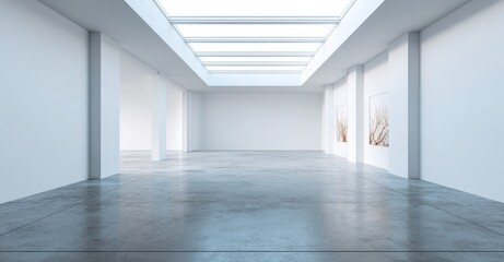 Obraz premium Empty modern concrete walls and indirect ceiling lights in the back define this industrial interior hallway room background template