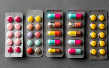 colorful pills and tablet packaging on grey background, flat lay for nurse appreciation or health day