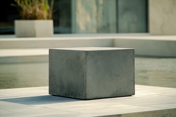 Concrete cube with a textured surface sits outside, bathed in sunlight, near water features, set against a minimalist backdrop.