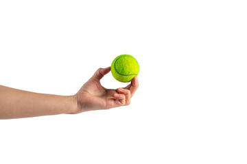 Hand holding tennis ball on transparent background.