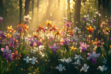 Obraz premium Radiant blossoms in a sunlit forest glade.