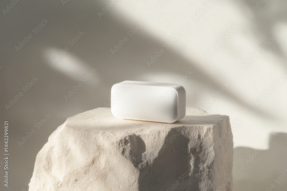 Poster Minimalist Still Life: Smooth white box on textured stone, bathed in natural light, casting soft shadows. Simple elegance.