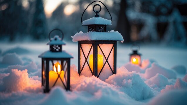 Candle lantern lamp set against a snowy backdrop