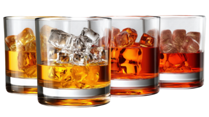 Amber Elixir's Temptation: An enticing array of four elegant glass tumblers, each elegantly holding a golden liquid and sparkling ice cubes.