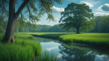 Gentle flowing river through a vibrant green field, highlighted by tall reeds and a grand tree on the calm bank