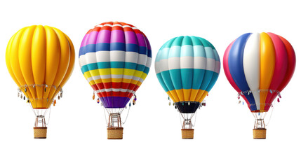 Fototapeta premium Colorful Hot Air Balloons Soaring High: Four vibrant hot air balloons float against the open sky, showcasing their intricate designs and promising a journey of adventure.
