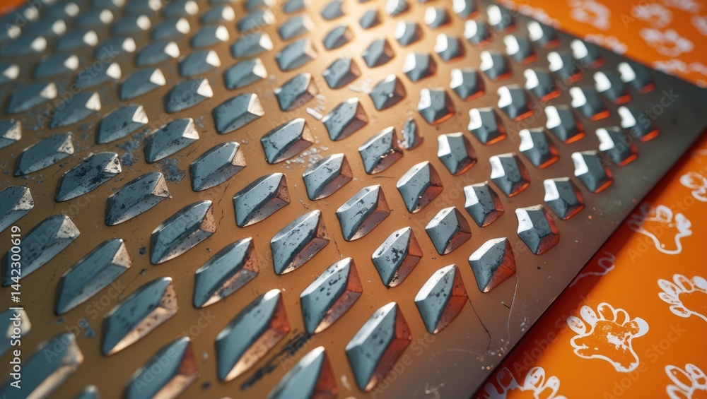 Poster embossed metal plates with a bright orange chicken paw motif, perfect for background images or text 