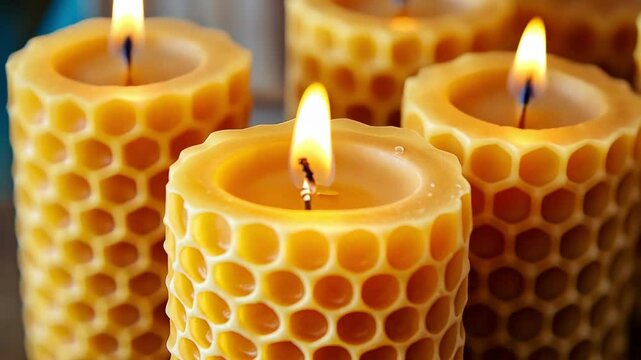 Close-up of lit beeswax candles with a honeycomb pattern and warm lighting.