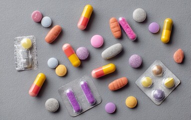 colorful pills and tablet packaging on grey background, flat lay for nurse appreciation or health day