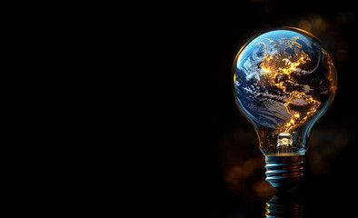 Light bulb shaped like planet Earth illuminates dark background for ecological awareness. Header banner mockup with copy space.