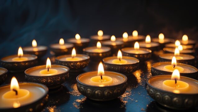 Candles burning on a dark surface