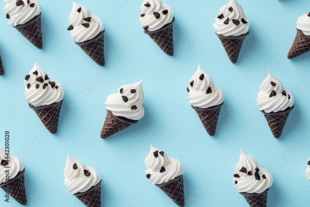 Poster ice cream cones with vanilla swirls and chocolate chips arranged in a pattern against a blue backdro