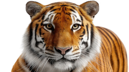 Fototapeta premium Tiger in a Close-up Portrait: A mesmerizing portrait of a majestic tiger, its striking orange and black stripes and piercing eyes radiate power and focus, a testament to its wild beauty.