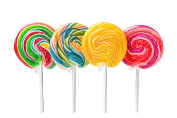 Five Colorful Swirled Lollipops with Sparkle on Sticks On Transparent Background