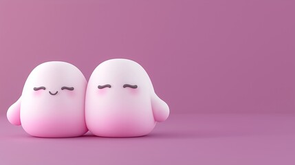 Minimalistic 3D render of a cute ghost couple floating on a dark purple background, featuring neon colors. 3d render of cute cartoon ghost character isolated on a dark background.