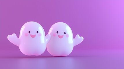 Minimalistic 3D render of a cute ghost couple floating on a dark purple background, featuring neon colors. 3d render of cute cartoon ghost character isolated on a dark background.