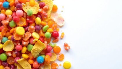 Obraz premium Pile of colorful candy, chips, and soda on white , soda, candy