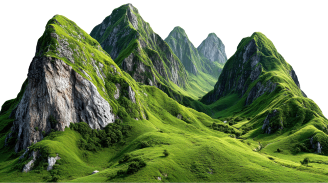 Green Mountain Range: A panoramic view of a verdant mountain range, with rolling green slopes, rugged peaks, and rocky outcroppings. The majestic scenery evokes a sense of awe and wonder.