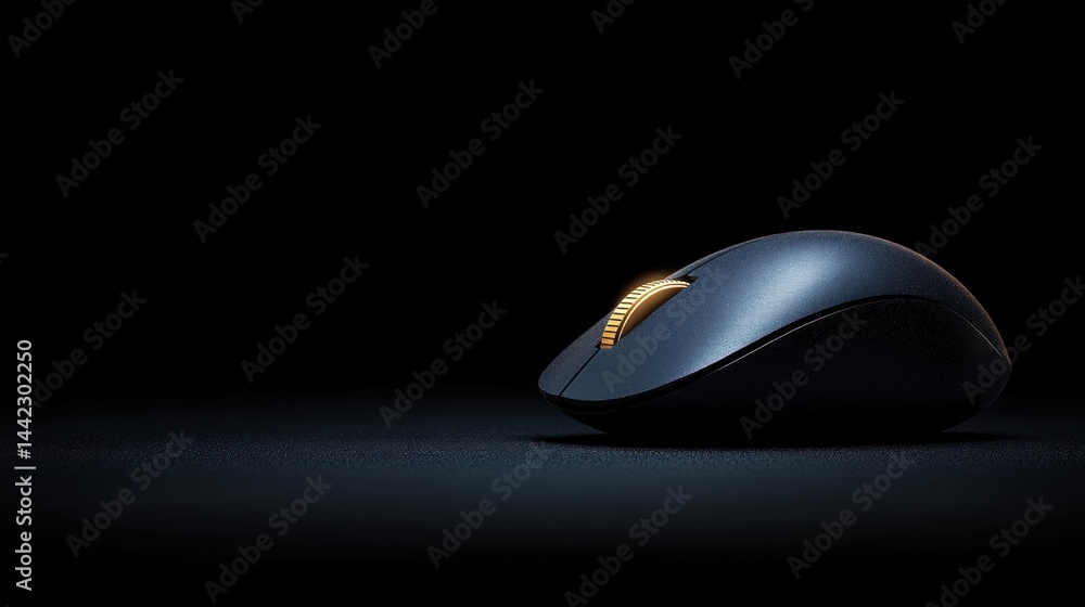 Poster a black computer mouse with a gold scroll wheel sits on a black surface.