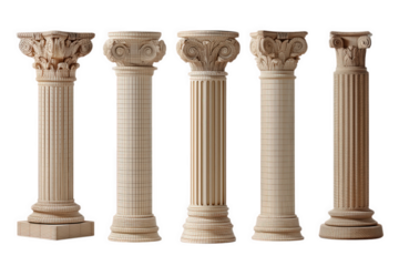 Five Elegant Stone Columns With Intricate Capitals On Transparent Background