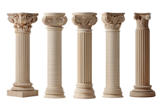 Five Elegant Stone Columns With Intricate Capitals On Transparent Background