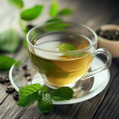 A cup of refreshing herbal tea, adorned with fresh mint leaves, set on rustic wood. A simple, healthy indulgence.