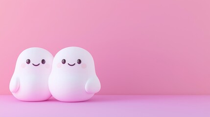 Minimalistic 3D render of a cute ghost couple floating on a dark purple background, featuring neon colors. 3d render of cute cartoon ghost character isolated on a dark background.