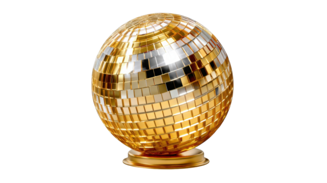 Golden Orb of Celebration: A dazzling, spherical ornament, its surface meticulously crafted with countless reflective facets that catch the light.