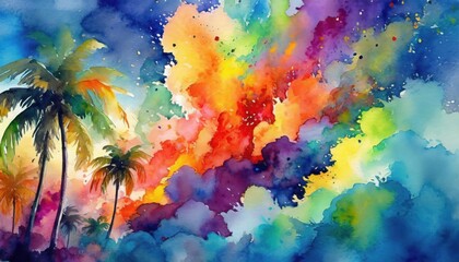 Fototapeta premium Vibrant watercolor painting of tropical palm trees under a bright, multicolored explosion of abstract clouds and sky