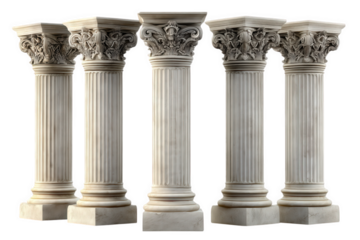 Five Ornate White Stone Columns On Transparent Background