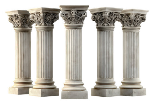Five Ornate White Stone Columns On Transparent Background