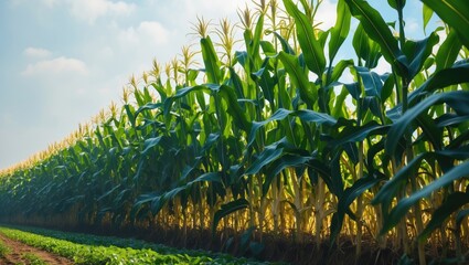 Newly sprouted corn field on the farm under a white sky
