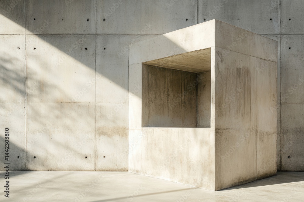 Poster Concrete cube architecture detail with a hollow square. Shadows add depth and contrast to the surface of the structure.