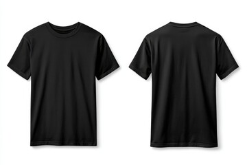 Two views of a simple black t-shirt laid flat against a white backdrop, displaying both the front and back sides in clear detail.