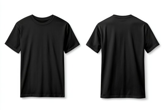 Two views of a simple black t-shirt laid flat against a white backdrop, displaying both the front and back sides in clear detail.