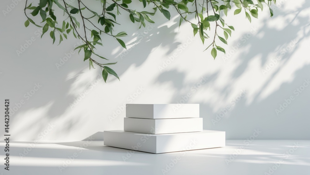 Aufkleber cosmetic goods displayed on a white surface. rectangular stands with shadows of branches.