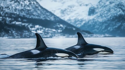 Naklejka premium Majestic Orcas in a Fjord: A Breathtaking Winter Scene
