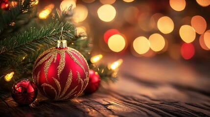 Obraz premium Festive bokeh background, red and gold Christmas lights creating a warm and magical atmosphere, shallow depth of field effect. Perfect for winter celebrations, seasonal decorations, joyful themes