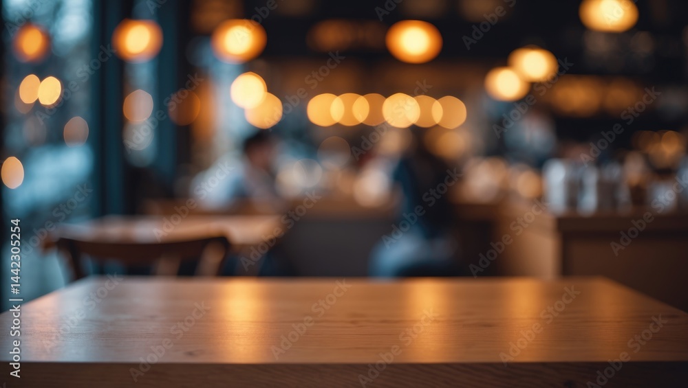 Poster blurred abstract background of a cafe interior with a customer and wooden table, enhanced by bokeh l