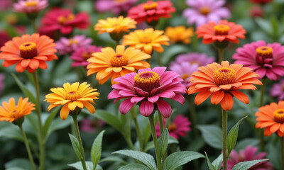 Zinnia (Zinnia elegans) Colorful flowering plant with vibrant petals in shades of red, pink, yellow, and orange, grown in pots,