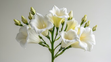 Blooming freesia flowers and buds on a stem, isolated against a background
