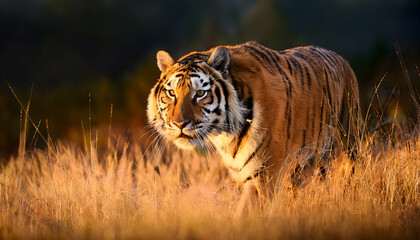 Naklejka premium Majestic Tiger Amidst Golden Grassy: A striking tiger walks confidently through the tall, golden grass, illuminated by soft sunlight.