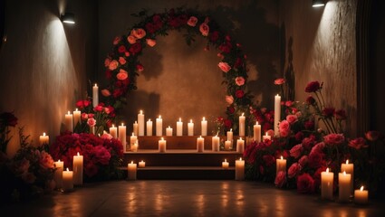 Fototapeta premium Romantic proposal decoration with candles, featuring a restaurant setting, arch, wall, and floral photo zone