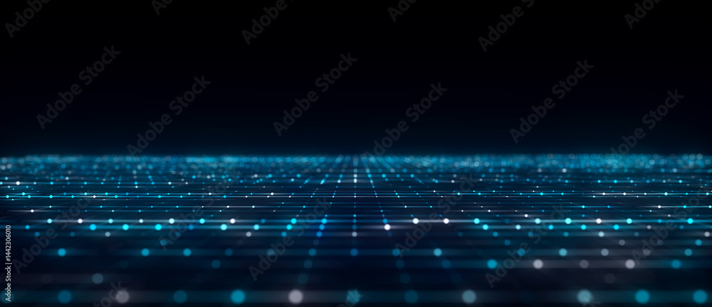 Poster abstract blue perspective grid. digital background in retro style. cyber landscape on dark backgroun