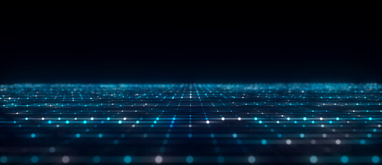 Abstract blue perspective grid. Digital background in retro style. Cyber landscape on dark background. 3d rendering