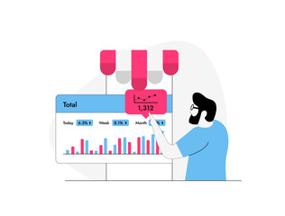 E-commerce analytics dashboard with key metrics, reports and KPIs for store performance tracking and data-driven decisions in online retail. Marketplace e-commerce analytics vector illustration