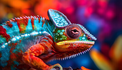 Fototapeta premium Chameleon: A stunning chameleon perches, its vibrant colors a testament to nature's artistry, showcasing intricate patterns and textures in a display of adaptation and survival.