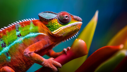 Chameleon in its natural Habitat: An eye-level view showcases a stunning chameleon perched gracefully upon a vivid leaf and blossom, exhibiting a kaleidoscope of colors in its natural habitat.