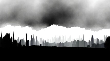 Obraz premium Abstract landscape with dark smoky clouds and jagged silhouetted trees in black and white