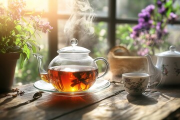 Steaming teapot and teacup against a sunny window with flowers create a cozy and inviting scene for a peaceful tea time.